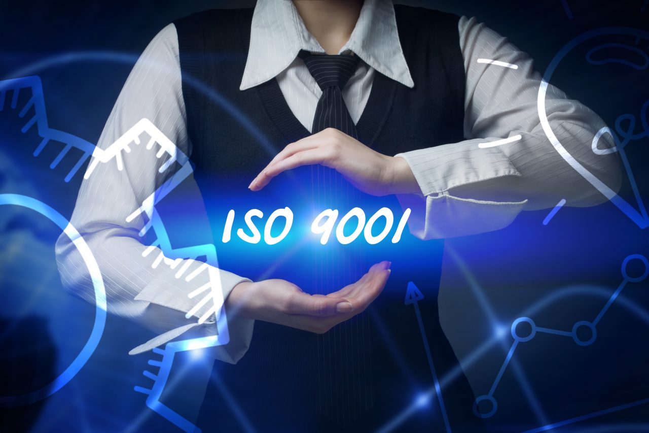 Business, technology, internet and networking concept. Business woman chooses icon - ISO 9001